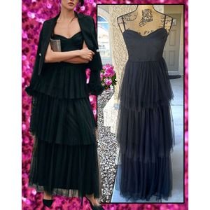 Lulus Black Tulle Rule the Runway Bustier Tiered Maxi Dress Size S